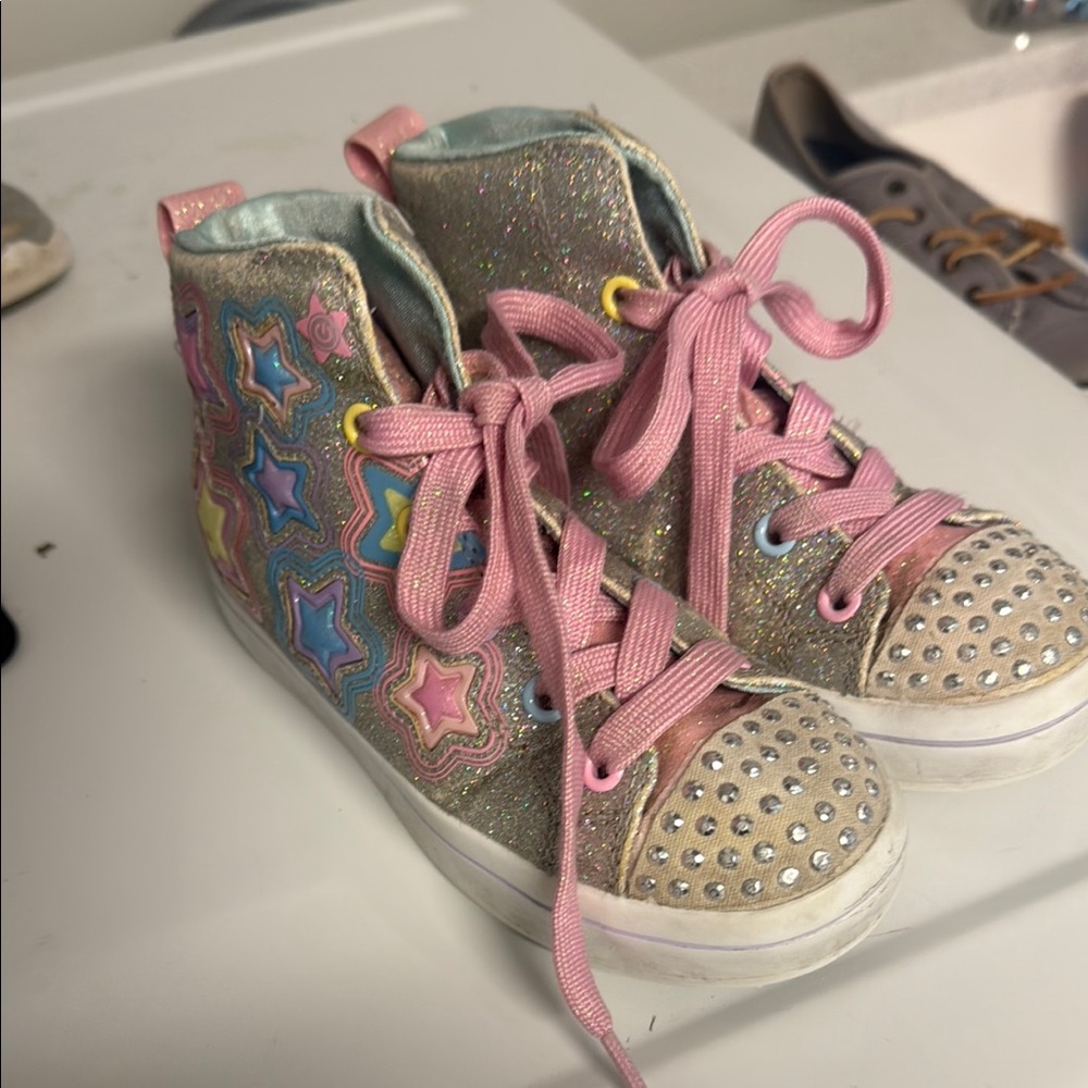 Skechers Silver and Pink High-Top Sneakers with Sparkly Toe Cap
